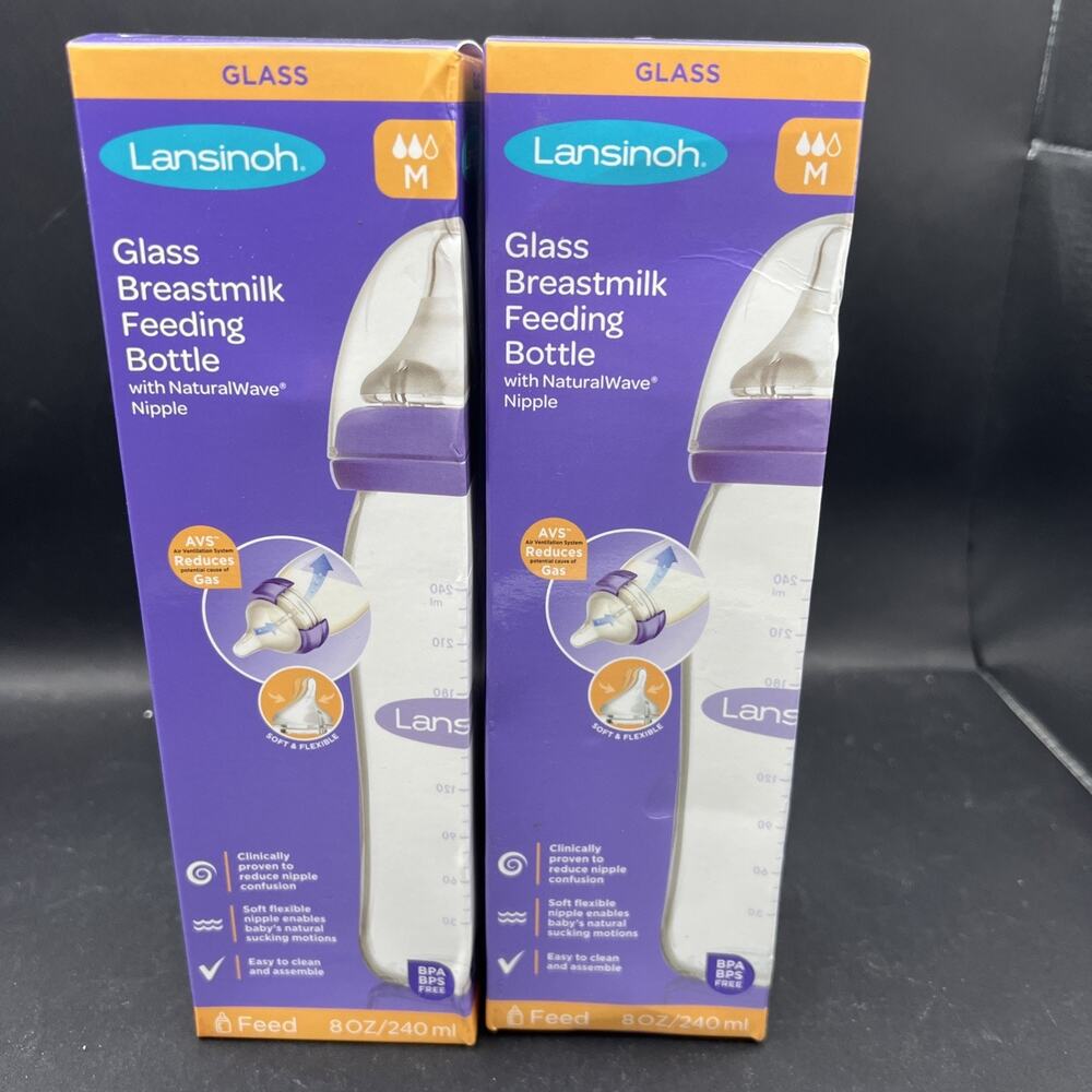 2- NEW Lansinoh GLASS Baby Breastmilk Feeding Bottle 8oz Medium flow NaturalWave
